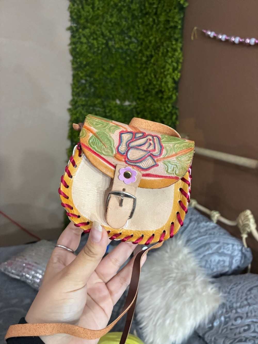 Handcrafted Floral Embroidered Leather Crossbody Bag - Pink, Yellow & Natural